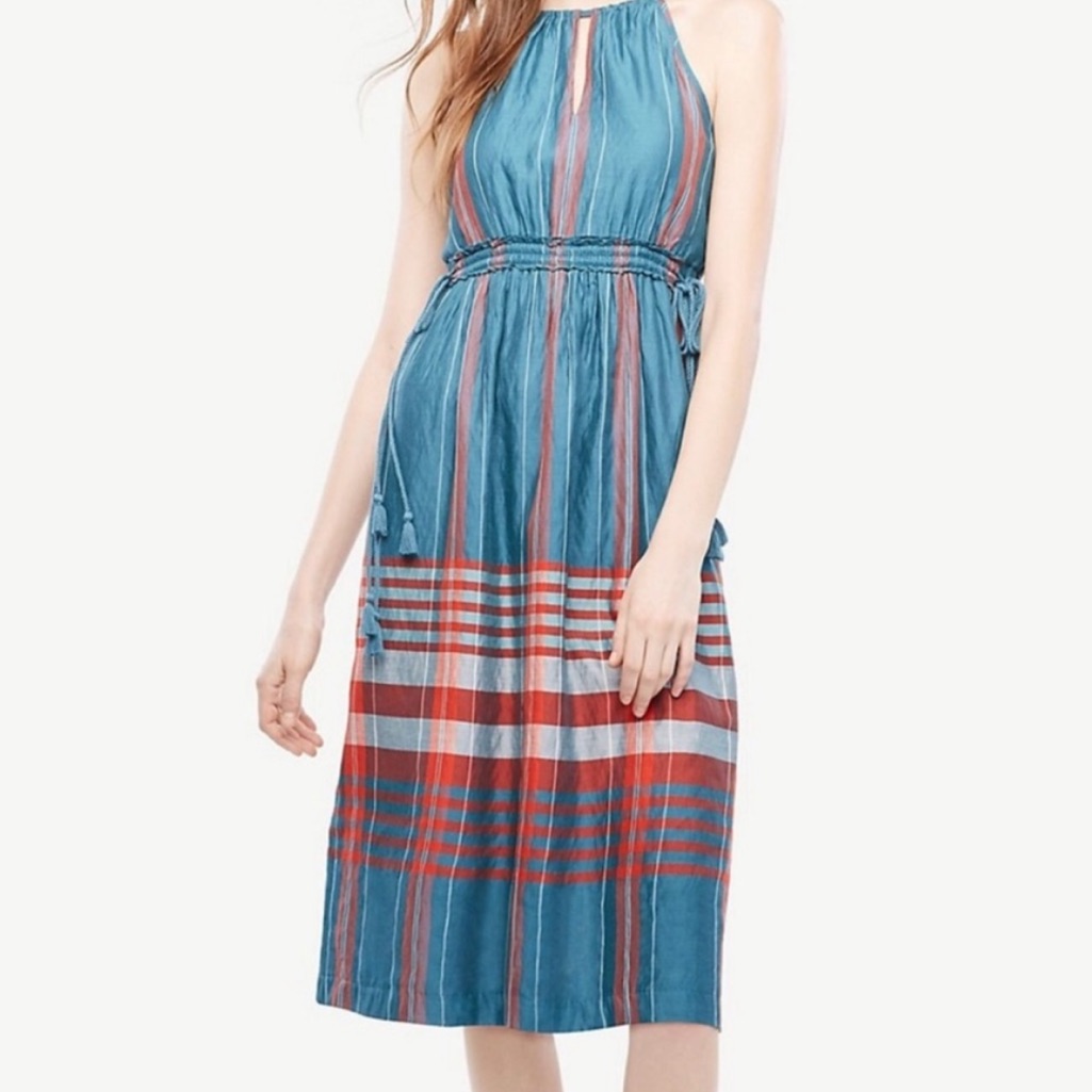 Ann Taylor Teal Orange Plaid Halter Dress Sz 6